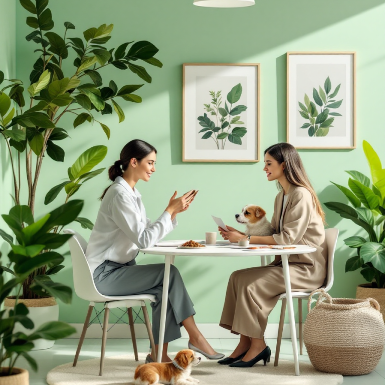 Tierernährungsberatung von Katzen Zwei Frauen sitzen an einem Tisch in einem grünen Raum mit Pflanzen und Kunstwerken. Tierernährungsberaterin und Kundin mit Katze