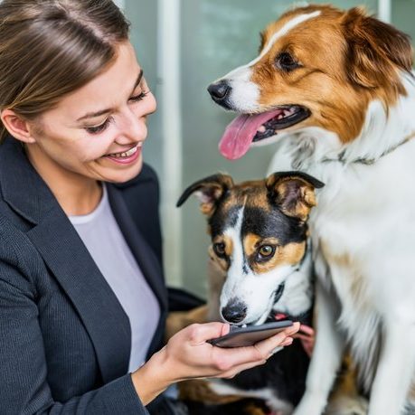 Berater zur Tierernährung schnell kontaktieren Frau in Anzug lächelt, hält ein Handy, während zwei Hunde neben ihr sitzen.