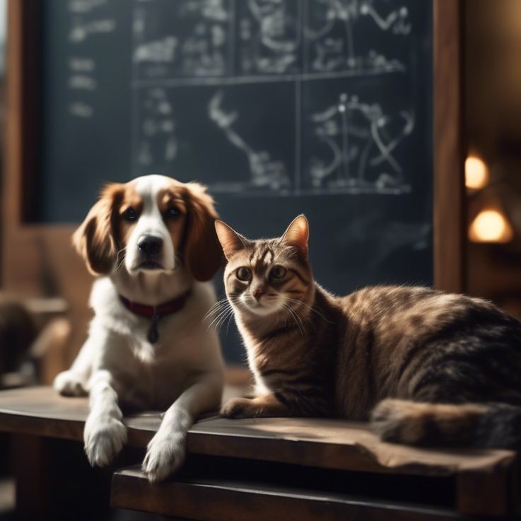 Eine Anamnese ist bei einer Tierernährungsberatung sehr wichtig Ein Hund und eine Katze sitzen gemeinsam auf einem Tisch vor einer Tafel.
