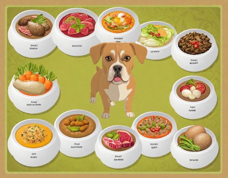 Nährstoffe im Futter sind sehr wichtig Ein Hund steht vor mehreren Futterschalen mit unterschiedlichen Tiernahrungen.