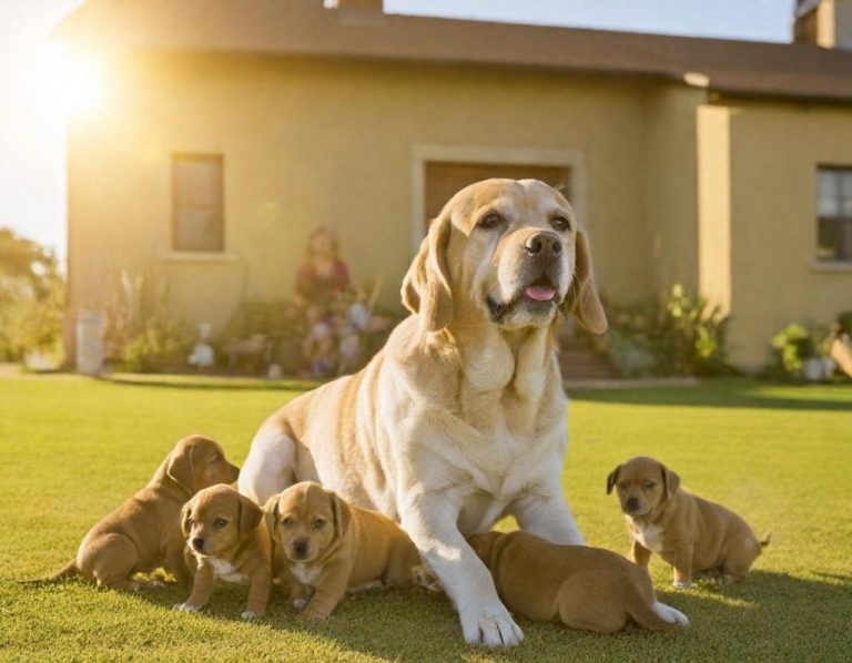 Züchter benötigen eine umfangreiche Beratung für Tierernährung Ein Labrador sitzt mit fünf Welpen auf einer grünen Wiese vor einem Haus.