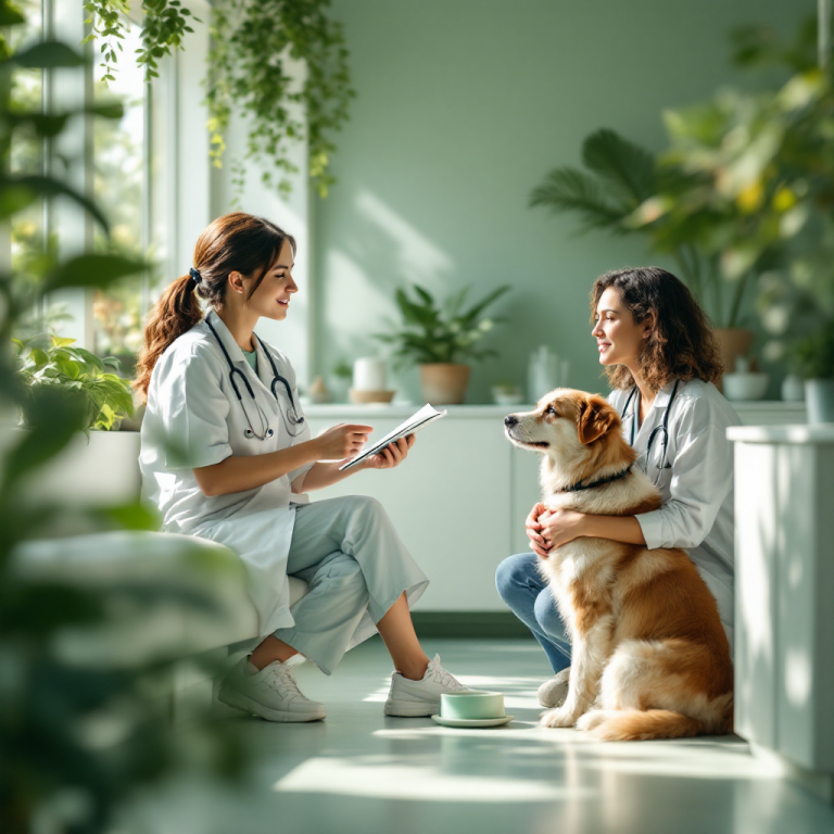 Tierernährungsberatung eines Labrador Tierernährungsberaterin berät eine Hundebesitzerin in einer hellen, grünen Umgebung.