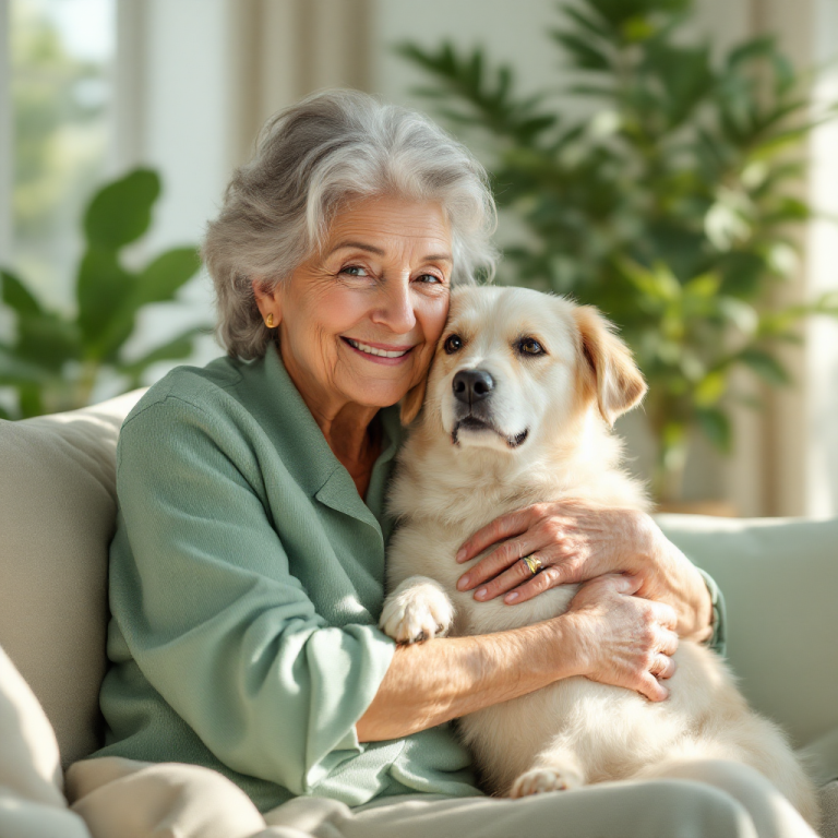 Seniortiere benötigen eine spezielle angepasste Ernährung Ältere Frau umarmt labradorartigen Hund, beide lächeln entspannt in einem hellen Raum. Beide wollen gesund alt werden